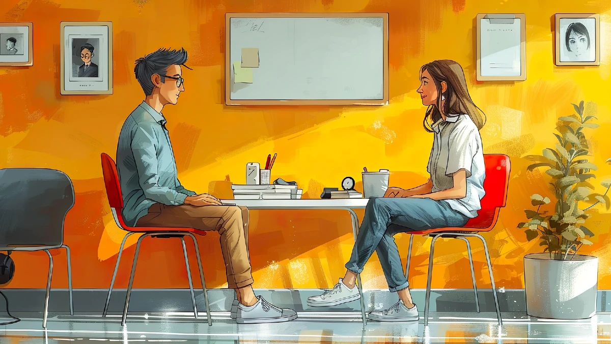 AI-genererad tecknad bild av en arbetsintervju med en man och en kvinna